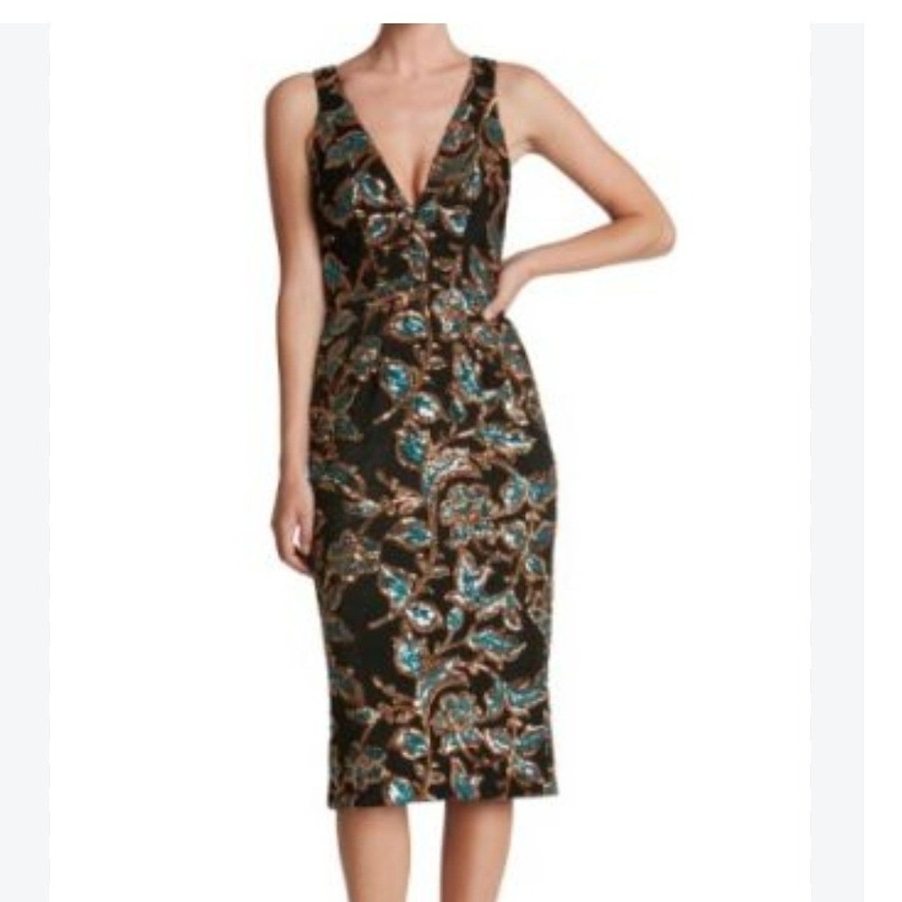 Dress The Population Sequin Floral V-Neck Midi Dress Teal Bronze Black Medium